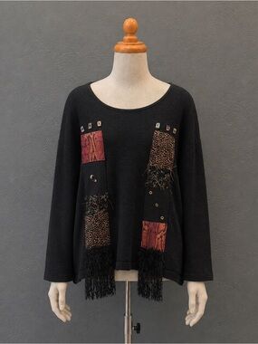 Nino Wong Sweater Top Large Black Textured Patchwork Fringe Boho Artsy Vintage